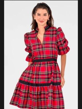 Gretchen Scott  TearDrop-Duke Of York  Plaid Red Puff-Sleeve Tiered Dress -